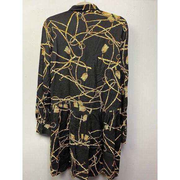 Stradivarius Shirt Dress‎ Womens Small Black Rope Tassel Gold Button Front - Picture 2 of 8